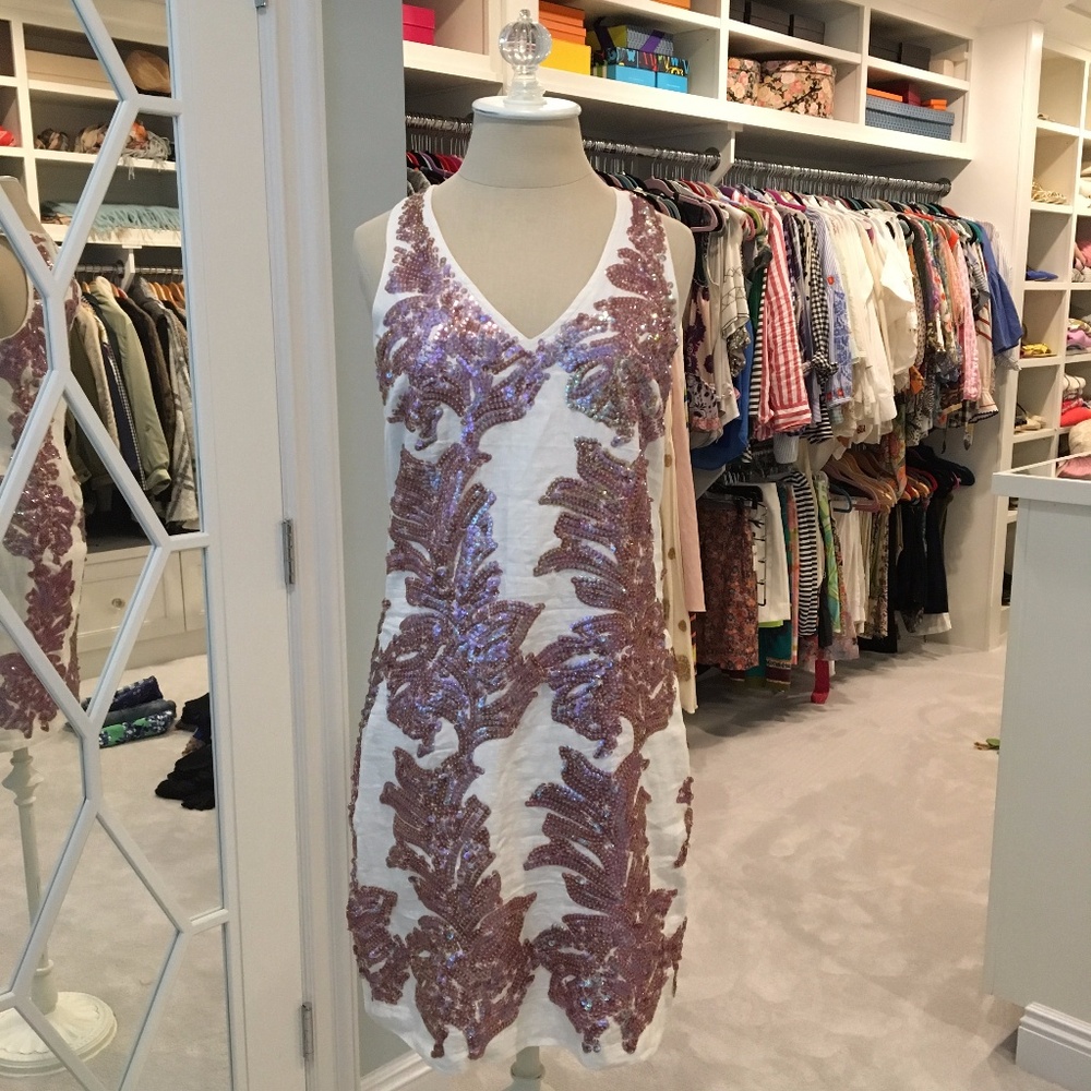 J. Crew White Sleeveless V-Neck Dress with Sequin Leaf Overlay